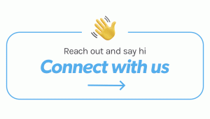 Waving hand and text to say 'reach out and say hi. connect with us'